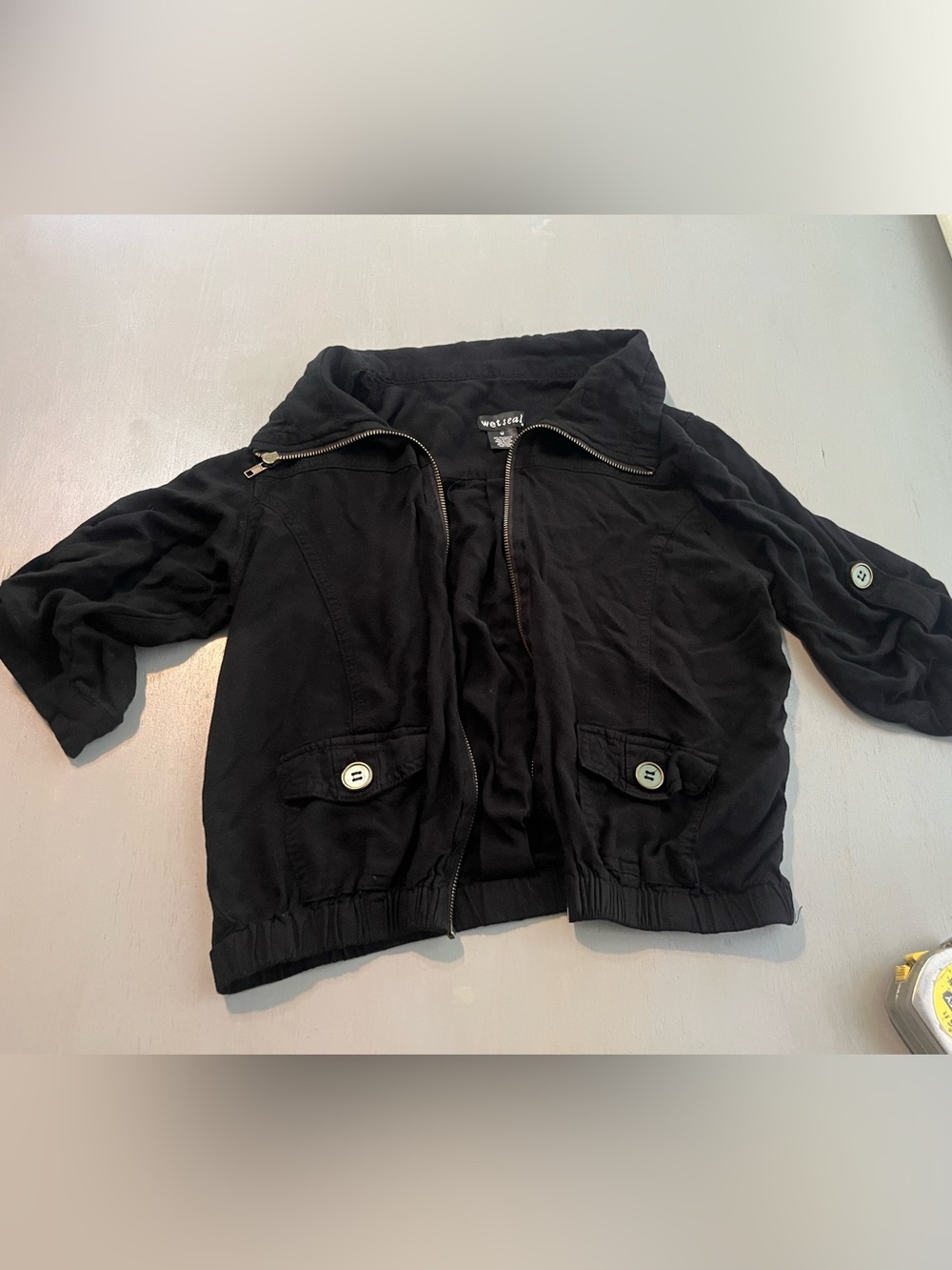 Vintage Wet Seal Black Zip Up Utility Jacket cropped roll tab sleeve S/M Y2K